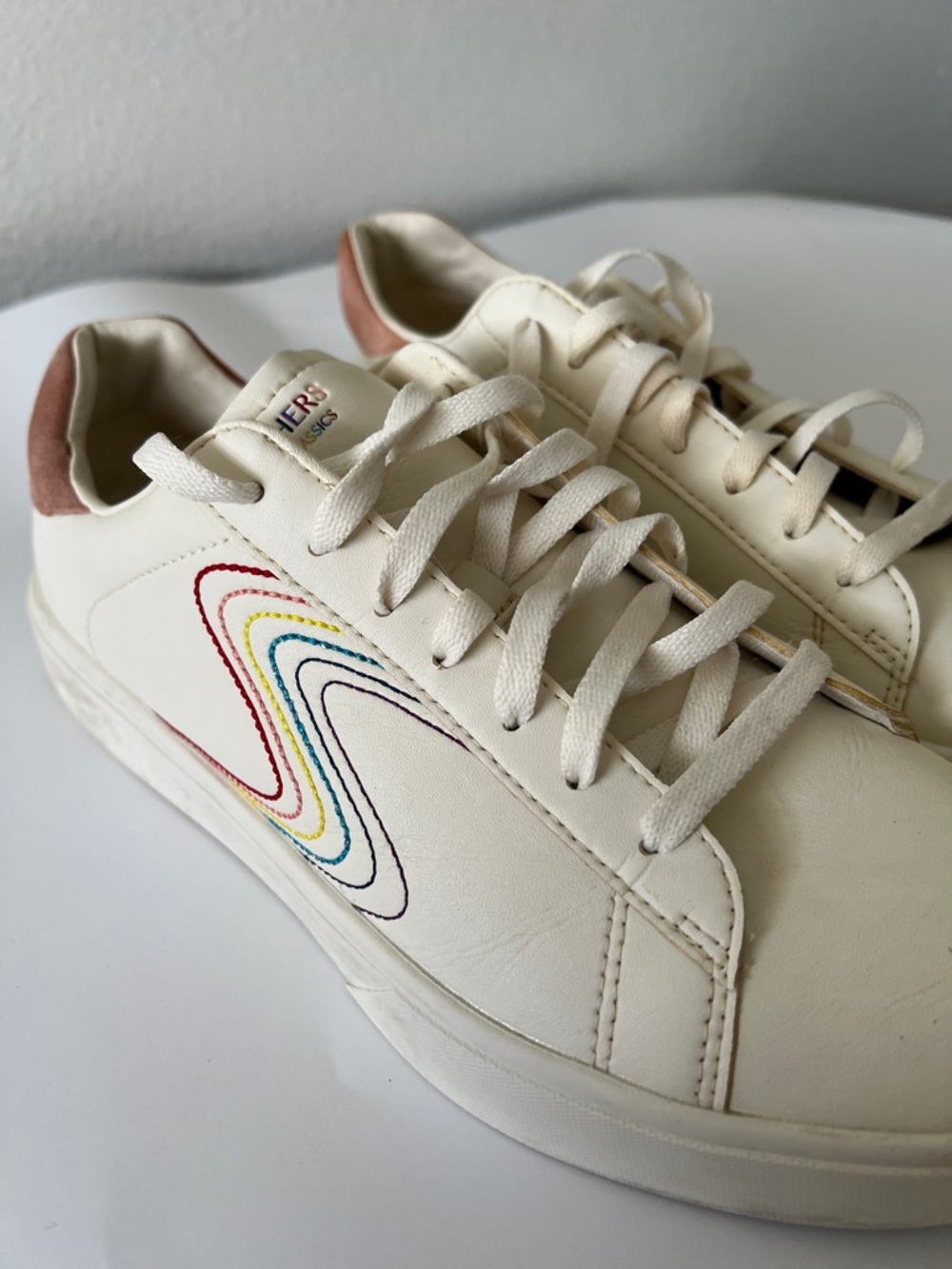 Skechers Cream Lace-Up Sneakers with Rainbow Stitch Accent